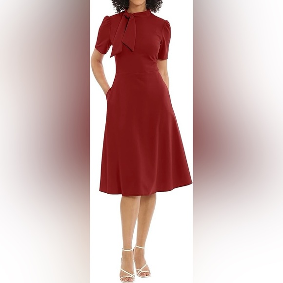 NWT Maggy London Women’s Short Sleeve Neck Tie A-line Burgundy Midi Dress Size 6 - Picture 7 of 10